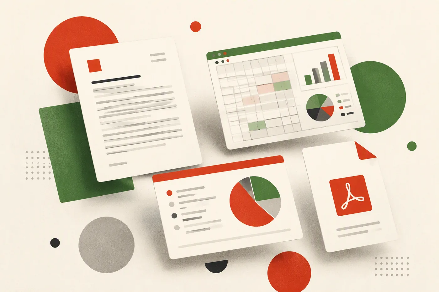 WPS Office 一站式办公套件:文档、表格、演示与 PDF 悬浮组合插画